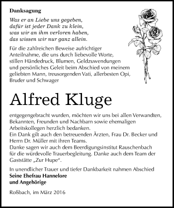 Traueranzeige von Alfred Kluge von Mitteldeutsche Zeitung Naumburg/Nebra