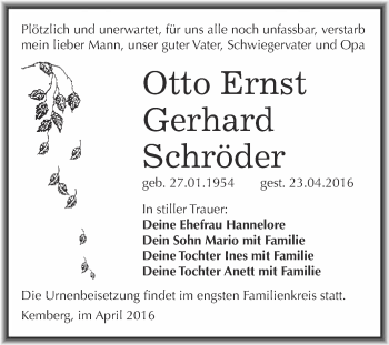 Traueranzeige von Otto Ernst Gerhard Schröder von WVG - Wochenspiegel Wittenberg