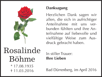 Traueranzeige von Rosalinde Böhme von Mitteldeutsche Zeitung Merseburg/Querfurt