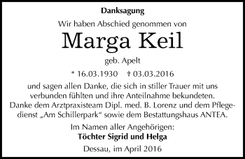 Traueranzeige von Marga Keil von Mitteldeutsche Zeitung Dessau-Roßlau