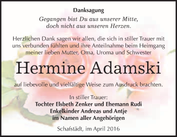 Traueranzeige von Hermine Adamski von WVG - Wochenspiegel Merseburg