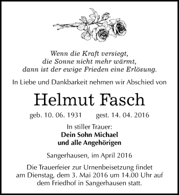 Traueranzeige von Helmut Fasch von Mitteldeutsche Zeitung Sangerhausen