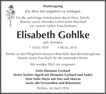 Traueranzeige von Elisabeth Gohlke von WVG - Wochenspiegel Bitterfeld