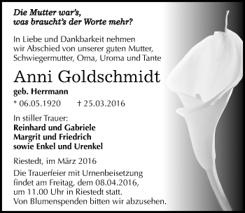 Traueranzeige von Anni Goldschmidt von Mitteldeutsche Zeitung Sangerhausen