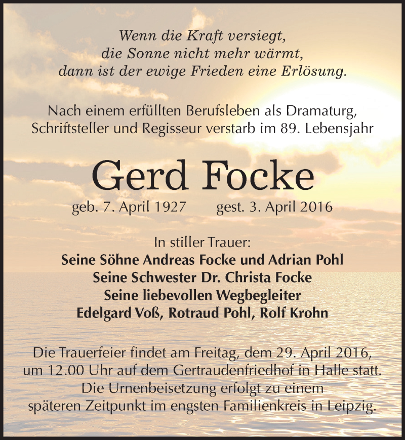  Traueranzeige für Gerd Focke vom 09.04.2016 aus Mitteldeutsche Zeitung Halle/Saalkreis