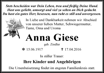 Traueranzeige von Anna Giese von Mitteldeutsche Zeitung Dessau-Roßlau
