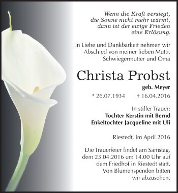 Traueranzeige von Christa Probst von Mitteldeutsche Zeitung Sangerhausen