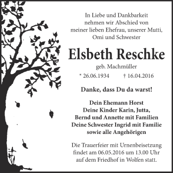 Traueranzeige von Elsbeth Reschke von WVG - Wochenspiegel Bitterfeld