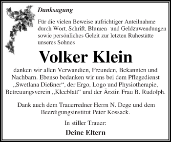 Traueranzeige von Volker Klein von WVG - Wochenspiegel Dessau / Köthen