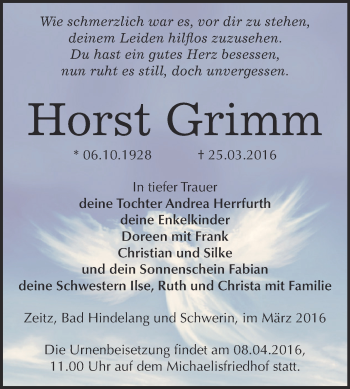 Traueranzeige von Horst Grimm von Super Sonntag Zeitz