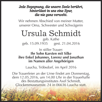 Traueranzeige von Ursula Schmidt von WVG - Wochenspiegel NMB / WSF / ZTZ