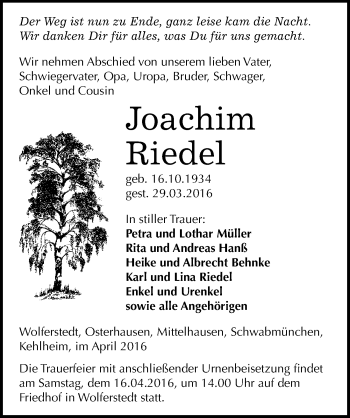 Traueranzeige von Joachim Riedel von Mitteldeutsche Zeitung Sangerhausen