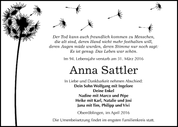 Traueranzeige von Anna Sattler von Mitteldeutsche Zeitung Sangerhausen