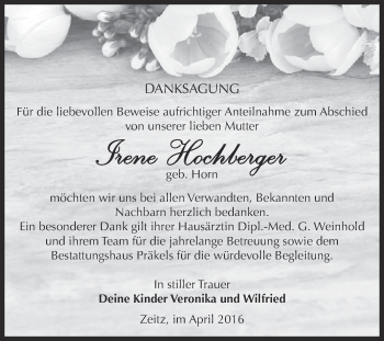 Traueranzeige von Irene Hochberger von Super Sonntag Zeitz