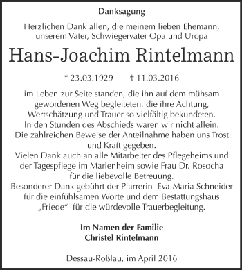 Traueranzeige von Hans-Joachim Rintelmann von WVG - Wochenspiegel Dessau / Köthen