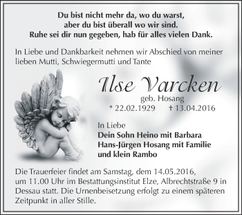 Traueranzeige von Ilse Varcken von WVG - Wochenspiegel Dessau / Köthen