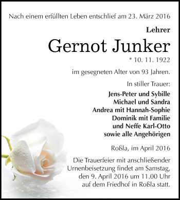 Traueranzeige von Gernot Junker von Super Sonntag SGH Mansf. Land