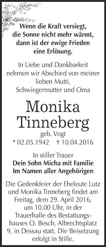 Traueranzeige von Monika Tinneberg von WVG - Wochenspiegel Dessau / Köthen