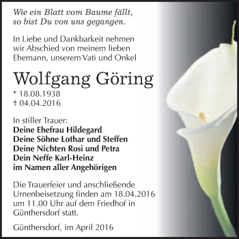 Traueranzeige von Wolfgang Göring von WVG - Wochenspiegel Merseburg
