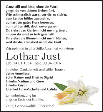 Traueranzeige von Lothar Just von Mitteldeutsche Zeitung Zeitz