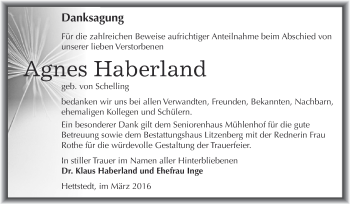 Traueranzeige von Agnes Haberland von Wochenspiegel Mansfelder Land