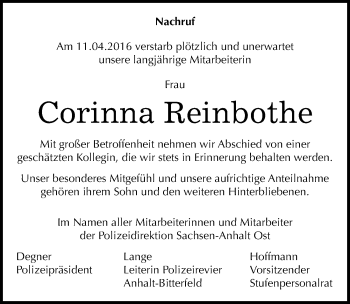 Traueranzeige von Corinna Reinbothe von Mitteldeutsche Zeitung Köthen