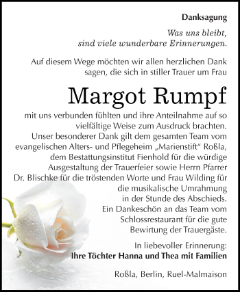 Traueranzeige von Margot Rumpf von Super Sonntag SGH Mansf. Land