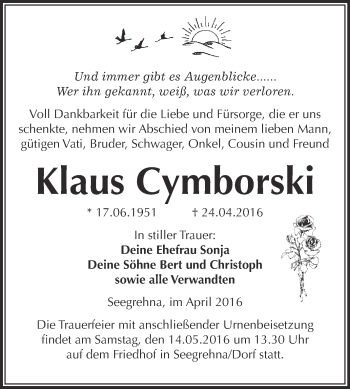 Traueranzeige von Klaus Cymborski von WVG - Wochenspiegel Wittenberg