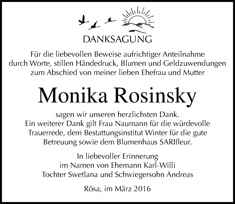 Traueranzeige für Monika Rosinsky vom 02.04.2016 aus Mitteldeutsche Zeitung Bitterfeld