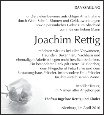 Traueranzeige von Joachim Rettig von Super Sonntag Bernburg