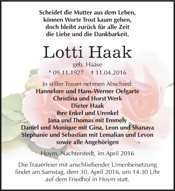 Traueranzeige von Lotti Haak von Mitteldeutsche Zeitung Aschersleben