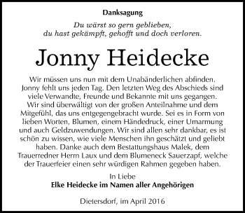Traueranzeige von Jonny Heidecke von Mitteldeutsche Zeitung Sangerhausen
