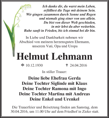 Traueranzeige von Helmut Lehmann von Mitteldeutsche Zeitung Wittenberg