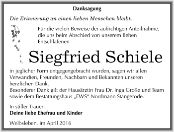 Traueranzeige von Siegfried Schiele von Mitteldeutsche Zeitung Mansfelder Land