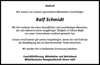 Traueranzeige von Ralf Schmidt von Mitteldeutsche Zeitung