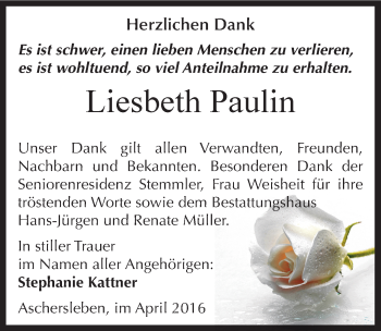 Traueranzeige von Liesbeth Paulin von Mitteldeutsche Zeitung Aschersleben