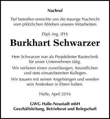 Traueranzeige von Burkhart Schwarzer von Mitteldeutsche Zeitung Halle/Saalkreis
