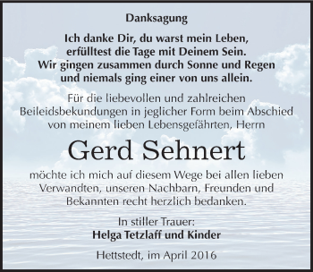 Traueranzeige von Gerd Sehnert von Mitteldeutsche Zeitung Mansfelder Land