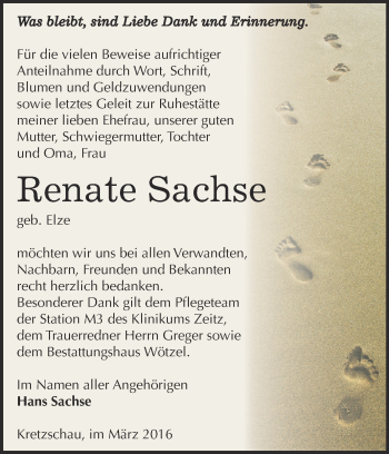 Traueranzeige von Renate Sachse von Super Sonntag Zeitz
