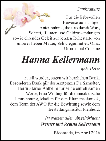 Traueranzeige von Hanna Kellermann von Super Sonntag SGH Mansf. Land