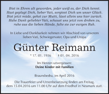 Traueranzeige von Günter Reimann von Mitteldeutsche Zeitung Merseburg/Querfurt