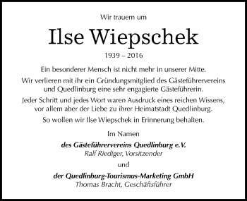 Traueranzeige von Ilse Wiepschek von Mitteldeutsche Zeitung Quedlinburg
