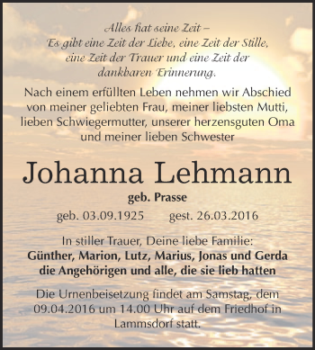Traueranzeige von Johanna Lehmann von WVG - Wochenspiegel Wittenberg