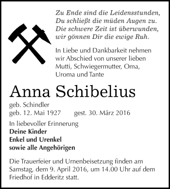 Traueranzeige von Anna Schibelius von WVG - Wochenspiegel Dessau / Köthen