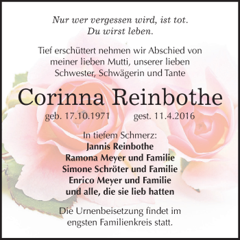 Traueranzeige von Corinna Reinbothe von WVG - Wochenspiegel Dessau / Köthen
