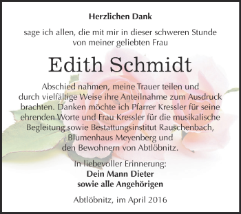 Traueranzeige von Edith Schmidt von WVG - Wochenspiegel NMB / WSF / ZTZ