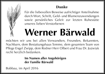 Traueranzeige von Werner Bärwald von Mitteldeutsche Zeitung Bitterfeld