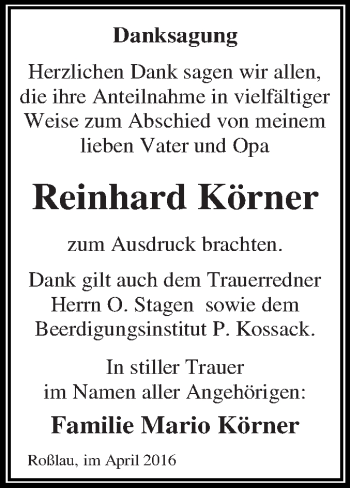 Traueranzeige von Reinhard Körner von WVG - Wochenspiegel Dessau / Köthen