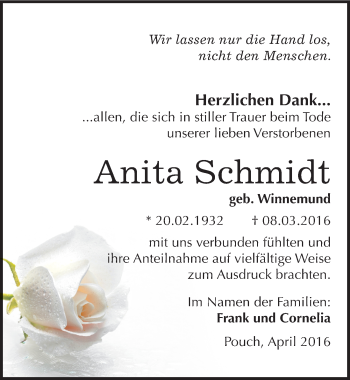 Traueranzeige von Anita Schmidt von Mitteldeutsche Zeitung Bitterfeld