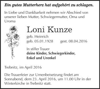 Traueranzeige von Loni Kunze von Super Sonntag Bernburg